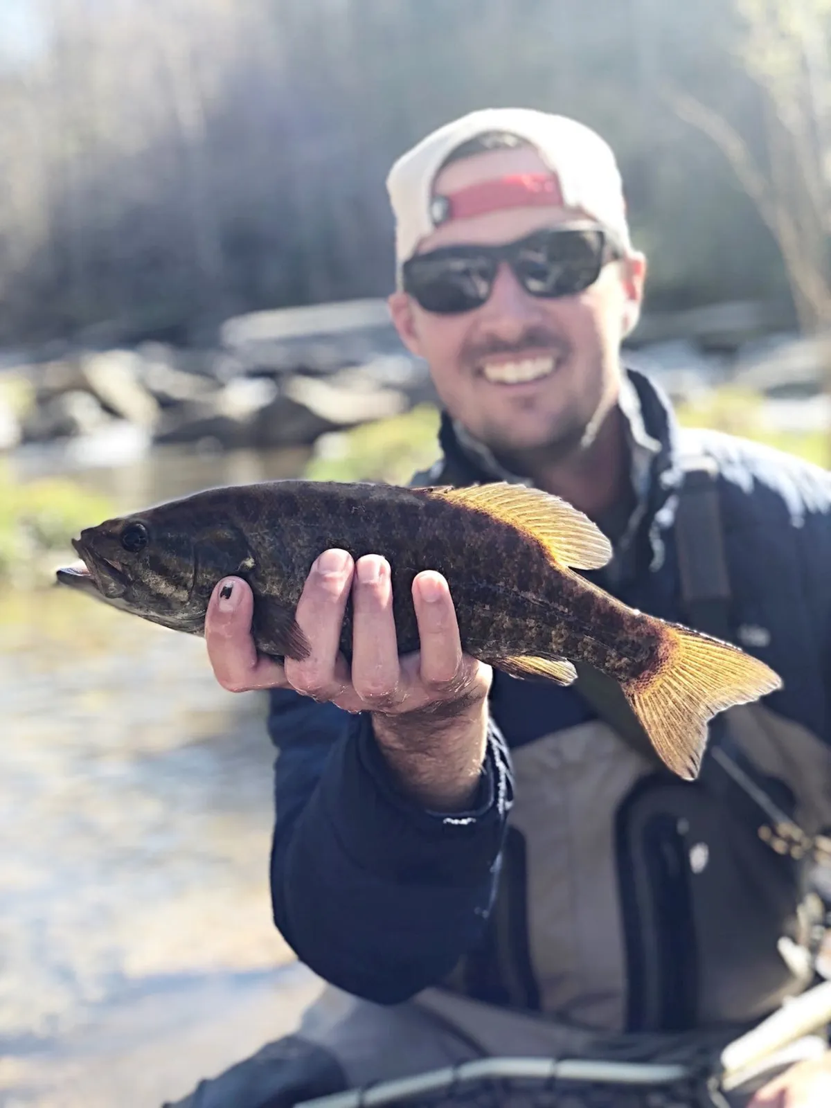 A close-up exterior shot of a person holding a freshly caught fish by a clear riverbank, with vibrant green foliage in the background. The image captures both the excitement of fishing and the pristine natural setting along the river.
