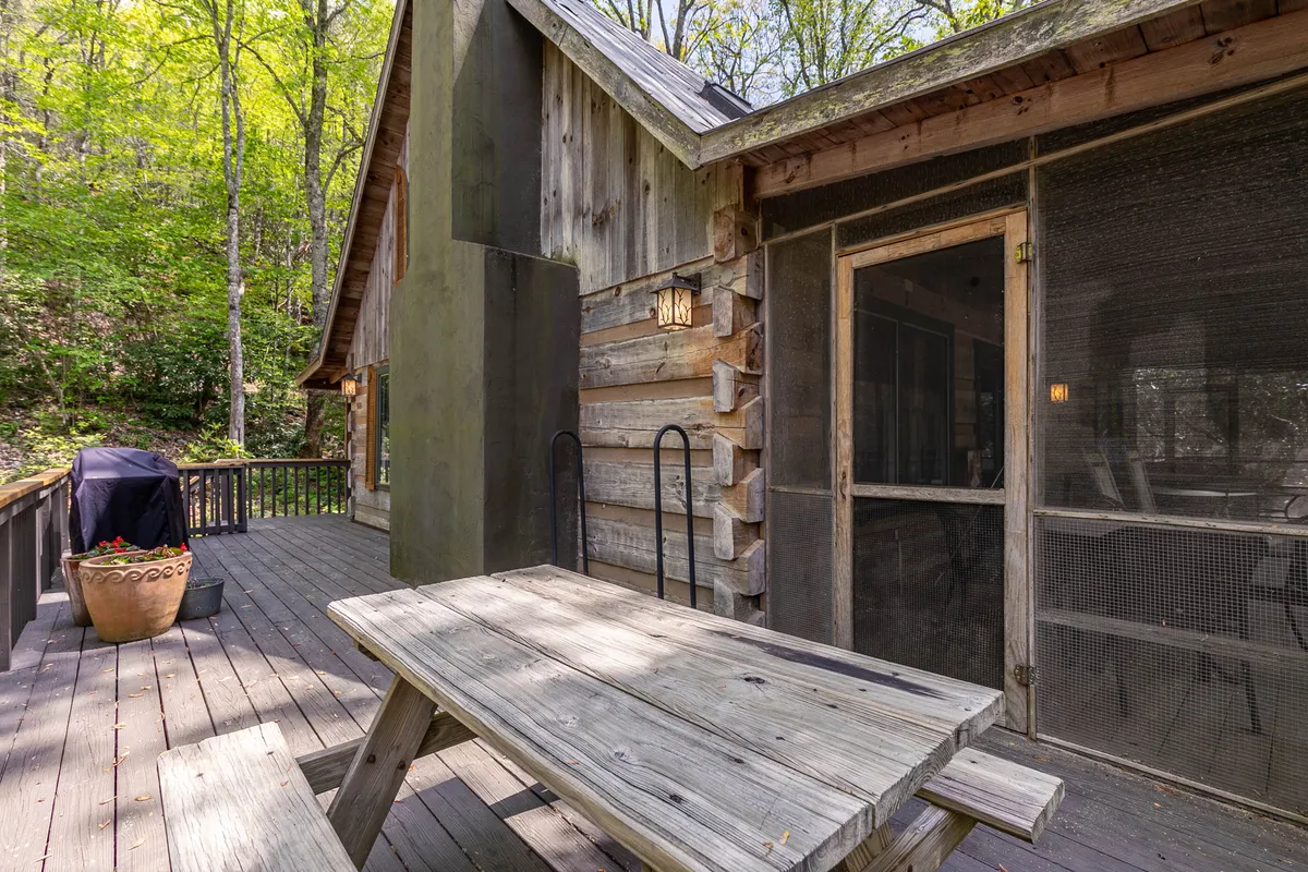 This exterior shot features a wooden picnic table set beside a screened porch, surrounded by natural greenery. The space is ideal for casual outdoor dining, morning coffee, or evening gatherings under the stars.