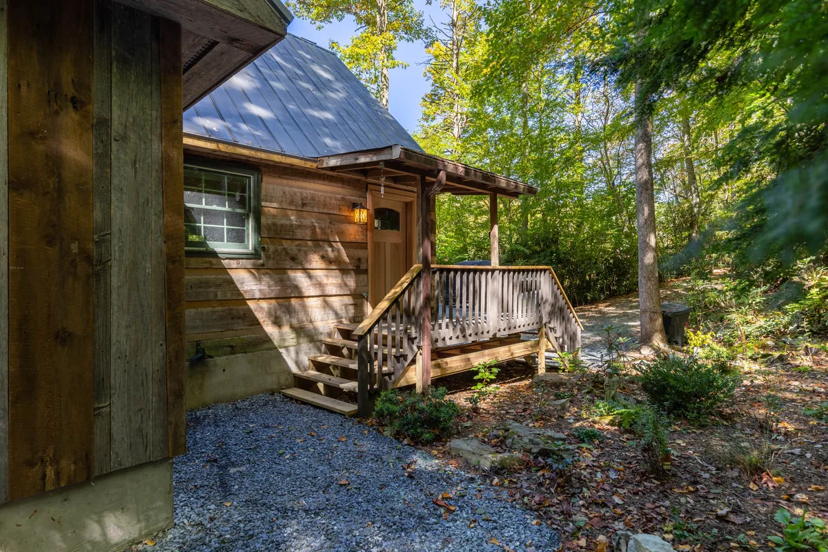 A welcoming wooden porch with a front door, nestled among tall trees. The porch provides a peaceful, shaded place to relax, enjoy nature walks, or mingle with guests and their pets.